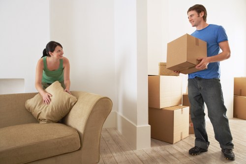 Professional movers packing boxes in a Belsize Park flat